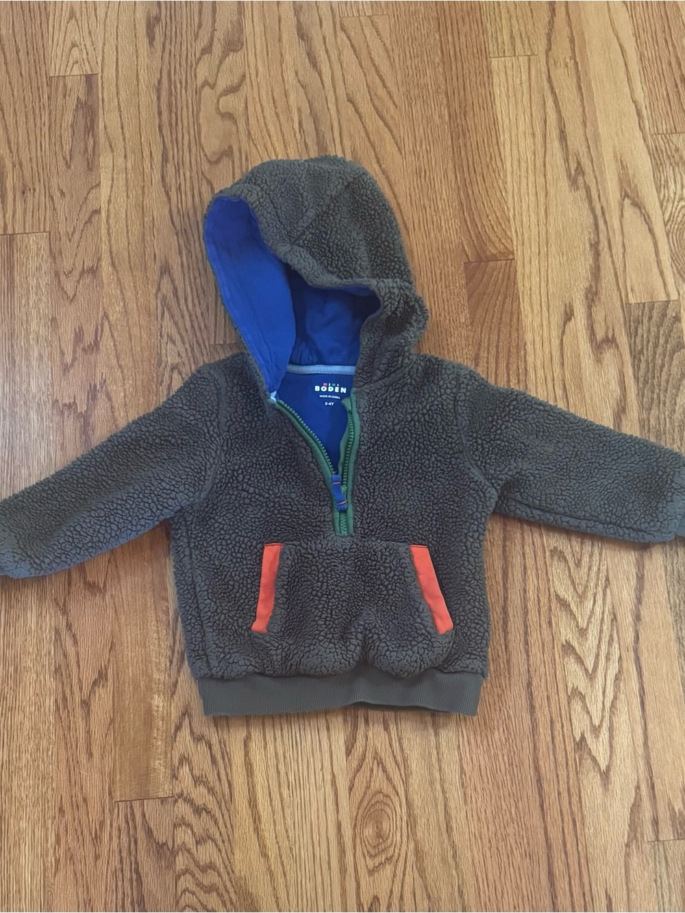 3T Boy Mini Boden Green Sherpa Fleece Half Zip Hoodie with Contrast Trim